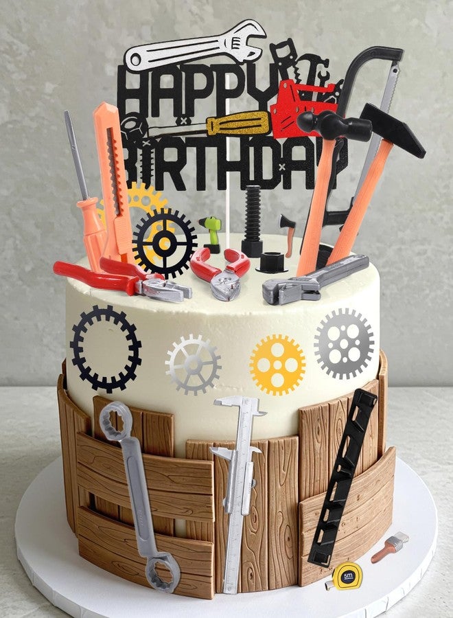 Glavatrix 24 Pcs Tools Cake Topper Construction Cake Topper Toolbox Wrench Hammer Screwdrivers Drill Plier Handsaw Tape Measure Gear Labor Day Worker Themed Birthday Party Supplies for Boys Men - Image 4